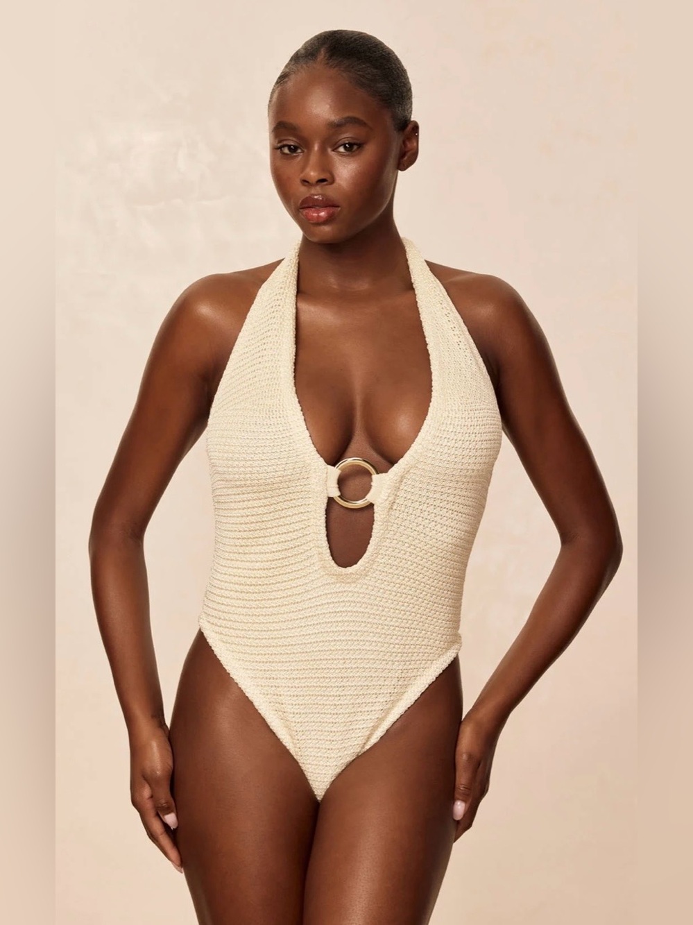 Monday Swimwear Cream Halter Ring One-Piece Swimsuit
